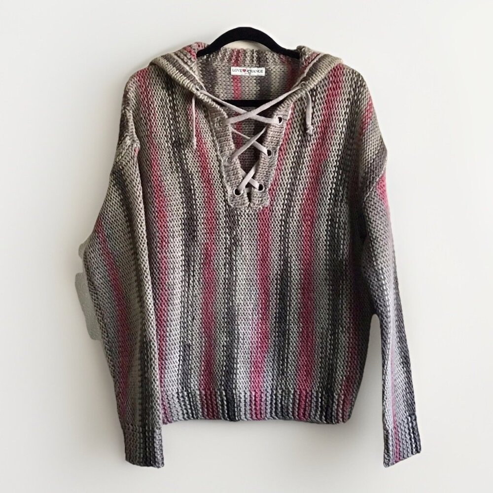 Love Change Italy‎ Women’s Natural Pink Striped Lace Up Front Women’s Sweater